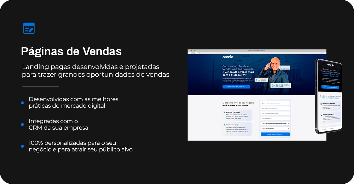 Páginas de Vendas: Desenvolvimento de landing pages otimizadas para conversão, com design responsivo, copy persuasivo e elementos de prova social para maximizar as vendas e captação de leads