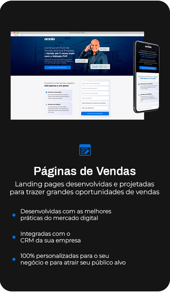 Páginas de Vendas: Desenvolvimento de landing pages otimizadas para conversão, com design responsivo, copy persuasivo e elementos de prova social para maximizar as vendas e captação de leads